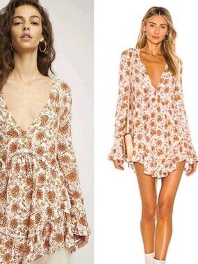 FREE PEOPLE SIZE MEDIUM Ivory Brown Floral Olivia Jersey Knit Tunic Top Dress...